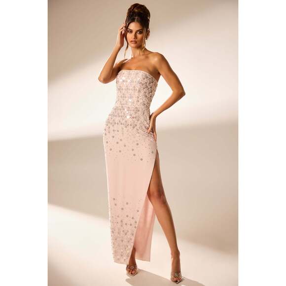 Oh Polly Hand Embellished Bandeau Maxi Dress in Blush 6 - Picture 1 of 3